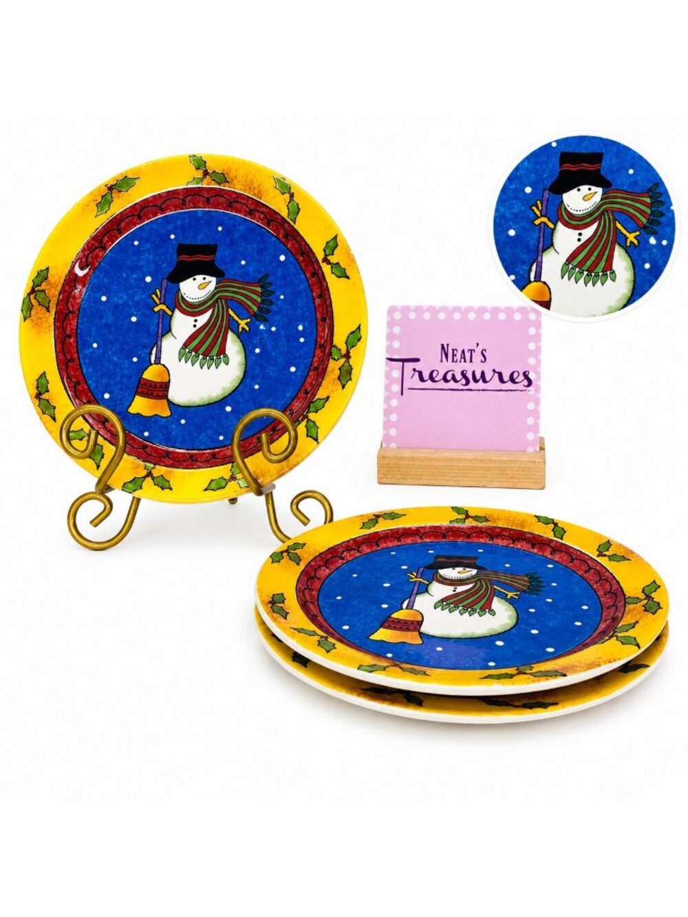 Sango Sue Zipkin SWEET SHOPPE CHRISTMAS Yellow Snowman Salad Lunch Plates Set 3